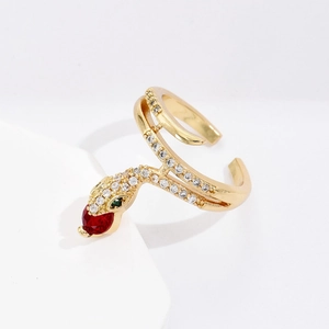 Snake shaped open ring in 18K gold plating with red, green and white zircon stones