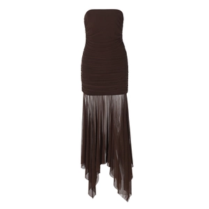 Detail of a brown strapless ruched bodycon dress with sheer mesh asymmetrical hem