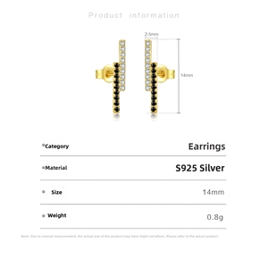 Detail showing S925 silver bar earrings with black and white cubic zirconia stones