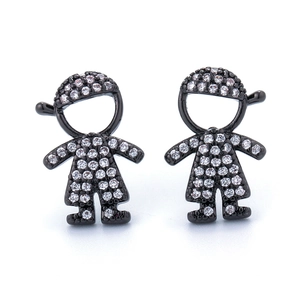 Black cartoon character stud earrings with sparkling white cubic zirconia inlay