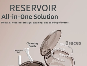 Detail view of orthodontic retainer case kit with chewie, brush, and soaking function