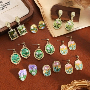 French Vintage Enamel Floral Earrings With Artificial Pearl Zinc Alloy Oil Painting Style Palace Jewelry For Women