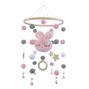 Pink plush bunny head crib mobile with star accents and wooden ring for nursery decor