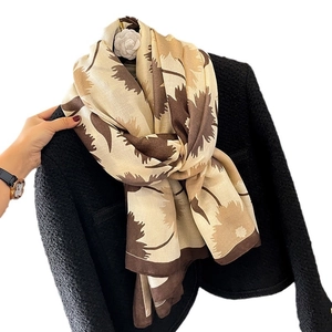 Floral soft cotton linen scarf with elegant brown leaf print on beige fabric