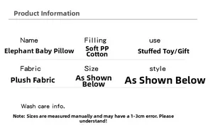 Specifications for plush elephant pillow showing soft PP cotton filling and plush fabric