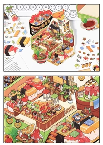 Detailed macro view of colorful 2.5D sushi shop themed decorative DIY 3D stickers