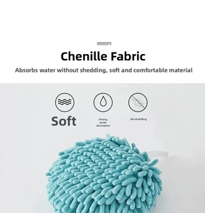 Blue chenille hand towel ball detail showing absorbent fibers and hanging loop