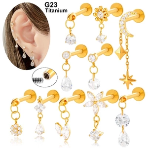 G23 Titanium Lip Studs Piercing Jewelry Internal Thread Zircon Dangle Moon Star Flower Cartilage Earrings