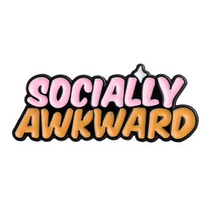 Socially Awkward metal enamel pin badge featuring pink and orange bubble font design