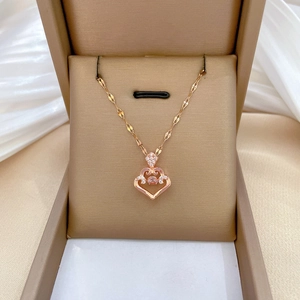 Rose Gold Heart Pendant Necklace For Women Stainless Steel Chain Copper Micro Paved Pink Zirconia Elegant Jewelry