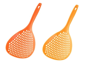 Detail of two orange long-handle strainer spoons with round drainage holes for kitchen use