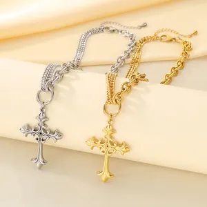 Collier Pendentif Croix Acier Inoxydable Chaîne Épissée Style Gothique Rétro Bijoux Pour Hommes Et Femmes Avec Fermoir OT