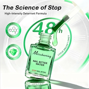Detail of 12ml anti-nail biting green liquid in glass bottle with 48h long-lasting formula