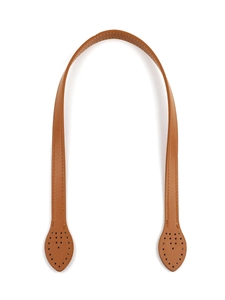 Detail of brown PU leather bag strap with visible stitching and teardrop-shaped hole