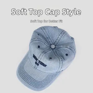 Detail of light blue denim baseball cap showing New York 08 3D embroidery and stitching
