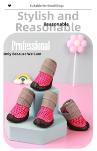 Detail view of breathable pink mesh pet shoes with non-slip rubber soles for small dogs