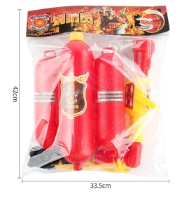 Detail view of a large firefighter backpack water gun toy with spray nozzle and 42cm height