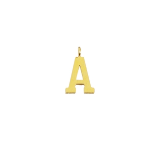 Close-up of golden stainless steel letter A pendant with cross loop for DIY necklaces
