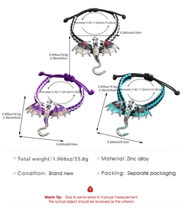 Detail of woven dragon bracelets with colorful rhinestones and adjustable cords