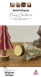 Close-up of pink and white wooden Christmas trees with gold glitter and log base