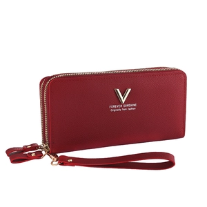 Burgundy litchi leather long wallet for women with double zippers and wristlet strap