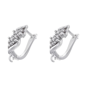 Detail of silver U-shaped hoop earrings with shimmering cubic zirconia micro-pave setting