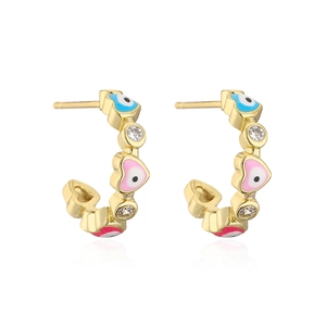 18K gold plated C-shaped hoop earrings with colorful evil eye hearts and tiny zircons