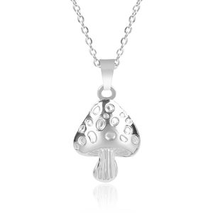 Macro detail of silver mushroom pendant necklace with textured surface and metallic luster
