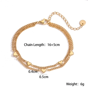 Double-layer 18K gold plated stainless steel heart charm bracelet with extension chain