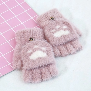 Cozy pink cat paw plush fingerless gloves with a convenient fold-over mitten cover
