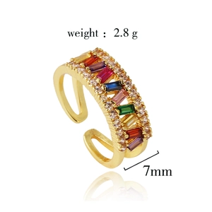 18K gold plated geometric ring with multi-color zircon stones and open adjustable band