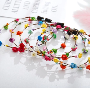 Bohemian LED flower wreath headbands with colorful artificial blossoms on vine crowns