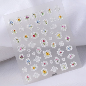 3D embossed floral nail stickers with white lace frames for wedding nail art design