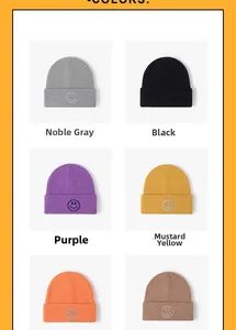 Detailed color grid of winter beanie hats featuring embroidered smiley face patches