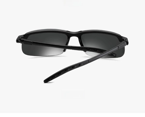 Detail view of sport sunglasses back frame with anti-slip dotted temples and grey lenses