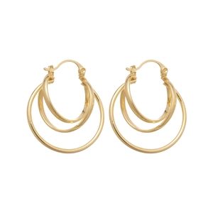 Three-layer interlocking gold hoop earrings with a textured metallic finish and round design