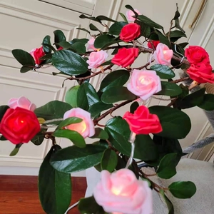 Detail of glowing red and pink LED rose flower string lights on green indoor plant
