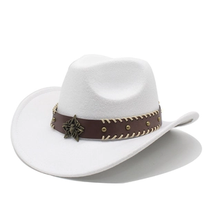 Western Cowboy Hat Felt Fedora Leather Band Metal Star Rivet Vintage Ethnic Style Outdoor Sun Protection Men Women