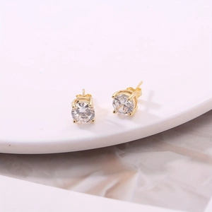 Classic S925 silver round zircon stud earrings in gold finish with four-prong setting