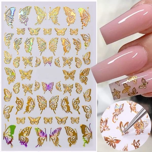 Autocollants papillons holographiques pour ongles avec dorure et pince à épiler