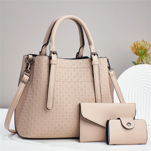 Three-piece nude beige tote bag set with star geometric embossed texture and crossbody strap