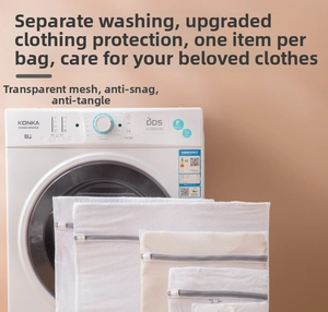 Close-up of durable fine mesh laundry bags with zipper for washing machine protection
