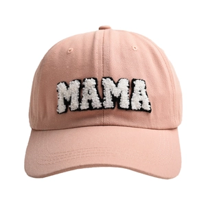 Close-up of pink baseball cap with white fleece MAMA embroidery and black outline