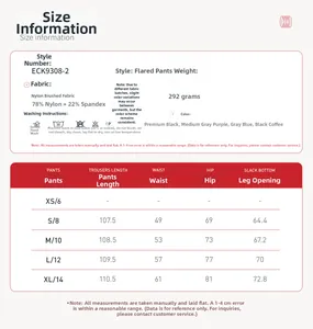 Detailed size chart for high-waisted flared yoga pants with fabric specifications