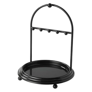 Minimalist black metal jewelry organizer stand with five hooks and a round tray base