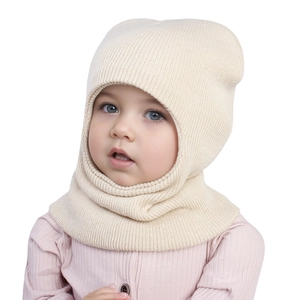 Detail of baby balaclava hat in cream knit fabric showing full head and neck coverage