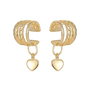 French Vintage Multi-layer Textured Copper Ear Clips With Heart Pendant Zirconia Inlaid Gold Silver Plated Jewelry For Women