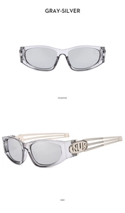 Detail of gray Y2K sunglasses with silver lenses and metal hollowed out temples