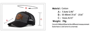 Detailed sizing chart and material specifications for the mesh shark baseball cap