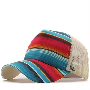 Detail of the multi-color ethnic striped pattern and breathable mesh on baseball cap